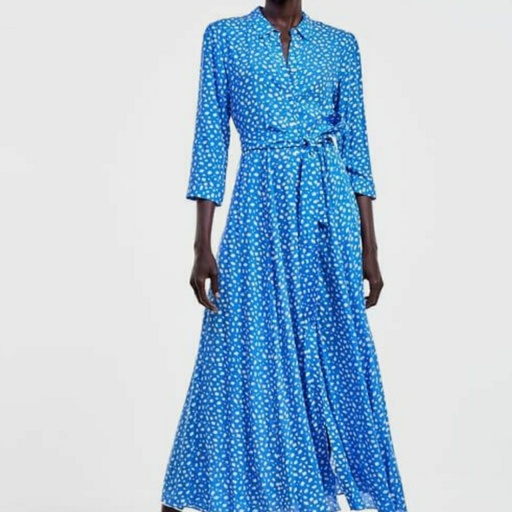 Zara Long Printed Blue & White Dress Size XS